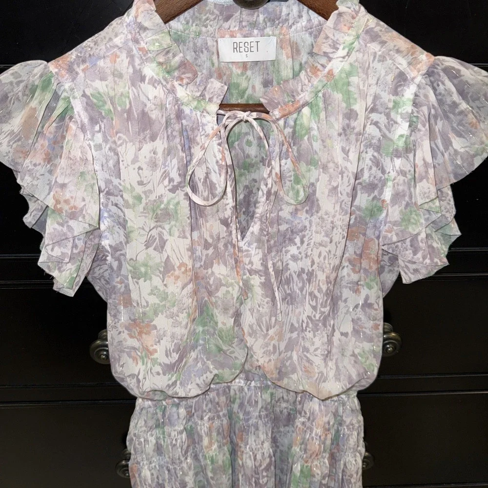 Reset Women's Flutter Sleeve Ruffle Pastel Mini Dress Small‎ Smocked Waist